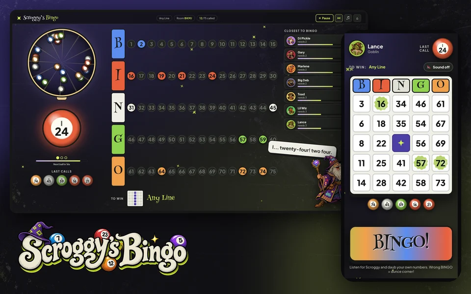 Scroggy’s Bingo: the TV board with the ball cage, called numbers and Scroggy calling I 24, beside a phone showing a player’s daubed bingo card.