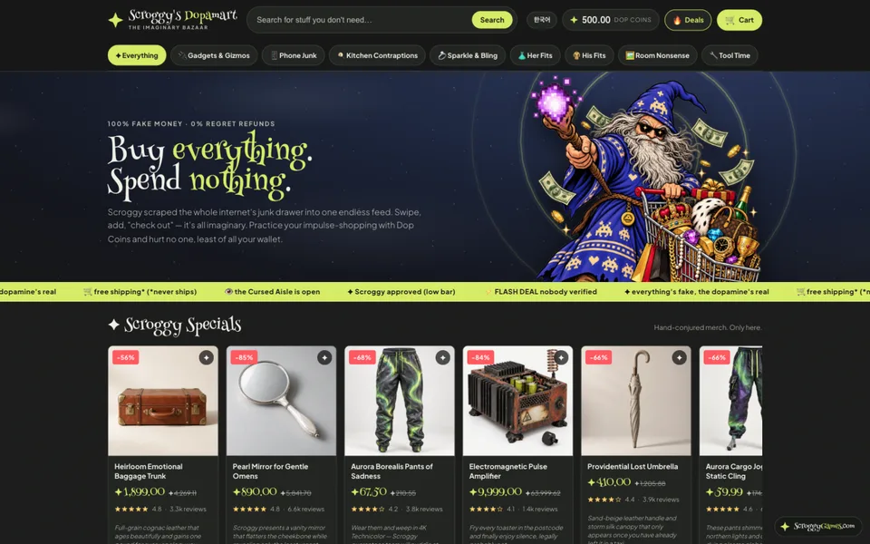 Scroggy’s Dopamart storefront: the wizard beside a bottomless feed of imaginary products.