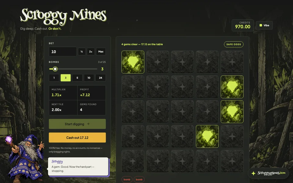 Scroggy Mines board with four gems uncovered and a cash-out button.