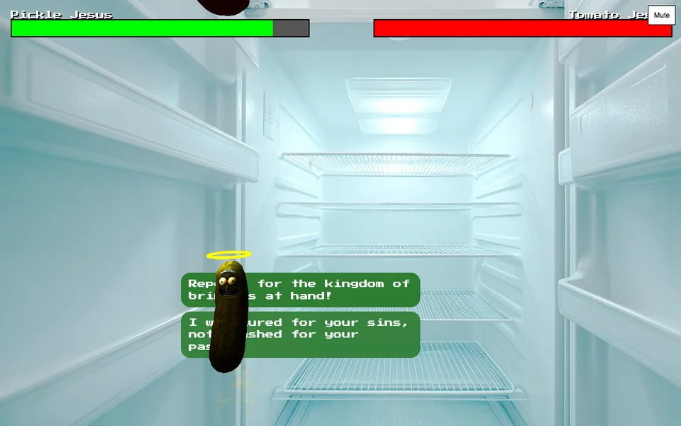 Pickle Jesus fighting inside a refrigerator with health bars.