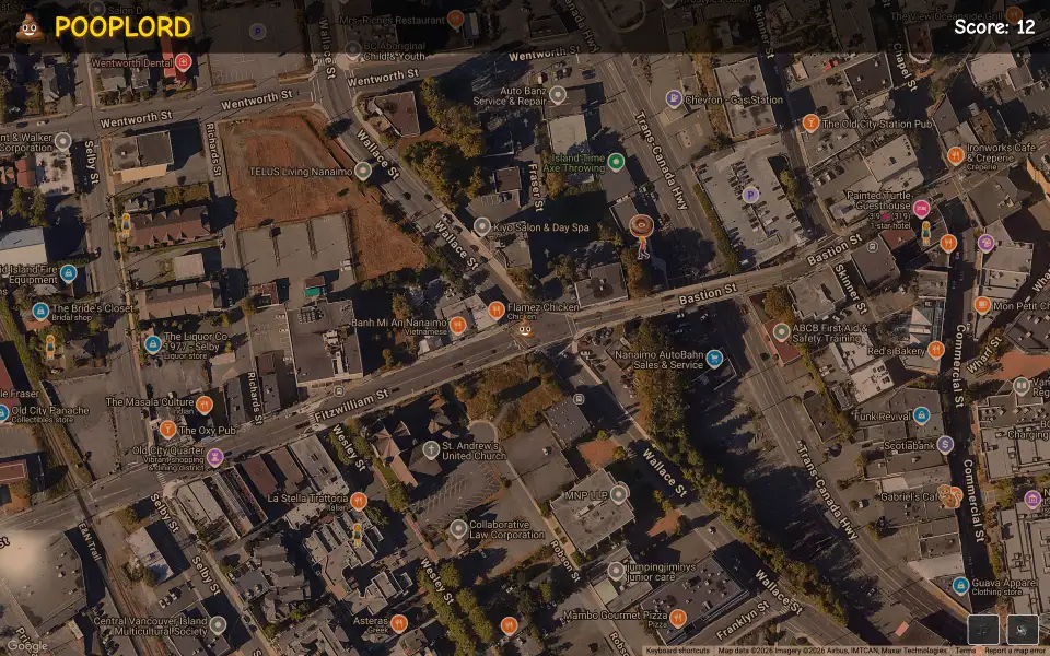PoopLord gameplay over a satellite map of downtown Nanaimo.