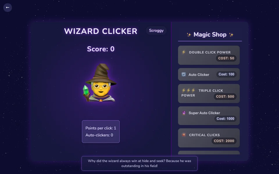 Wizard Clicker with its wizard, score and magical upgrades shop.