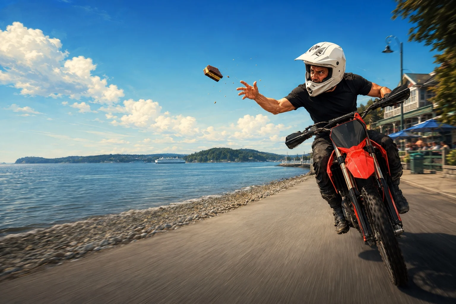 Departure Bay Speedway campaign artwork: a rider throwing a Nanaimo bar beside the coast.